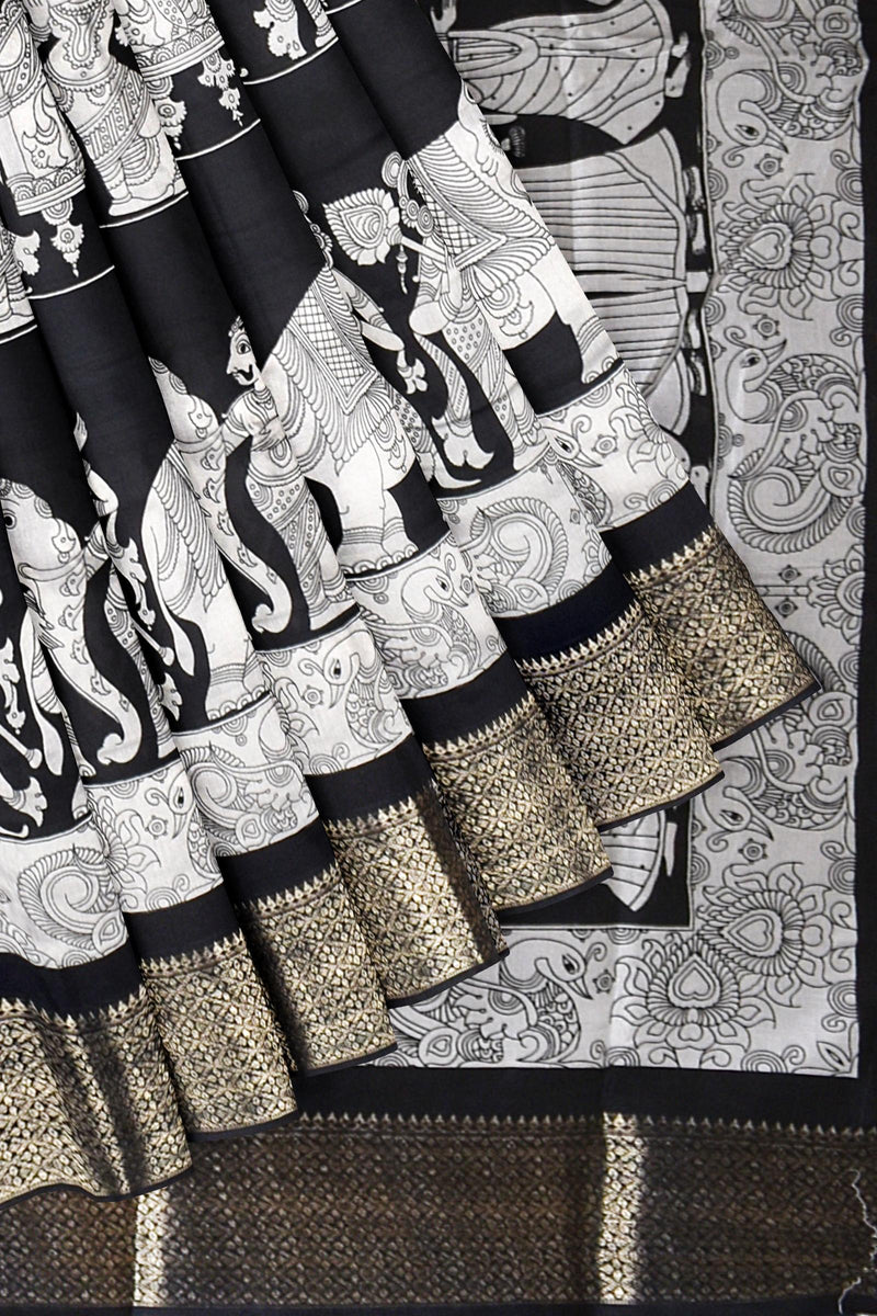 Black and White Semi Dola Royal Scenes Printed Saree