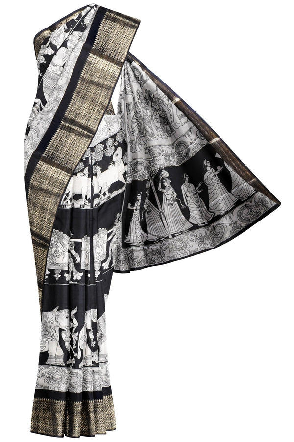 Black and White Semi Dola Royal Scenes Printed Saree