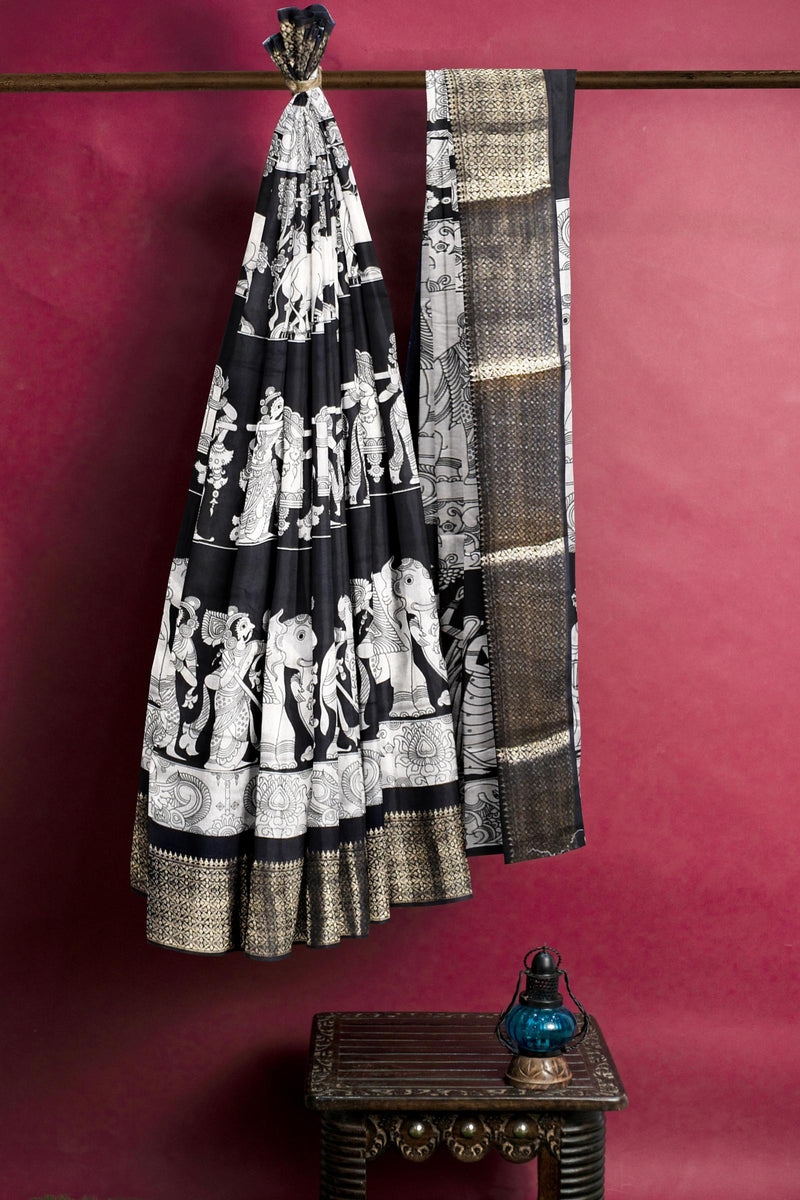 Black and White Semi Dola Royal Scenes Printed Saree