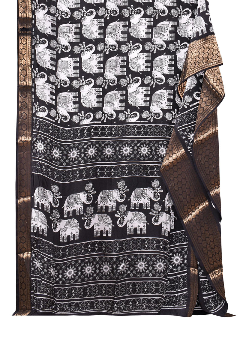 Black and White Semi Dola Royal Elephants Printed Saree