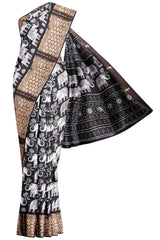 Black and White Semi Dola Royal Elephants Printed Saree