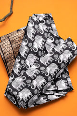 Black and White Semi Dola Royal Elephants Printed Saree