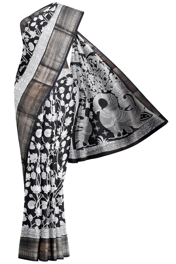 White and Black Semi Dola Pichwai Lotus Printed Peacock Pallu Saree