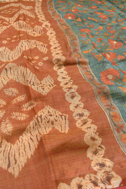 Rust Brown Semi Linen Fancy Waves Digital Print Saree