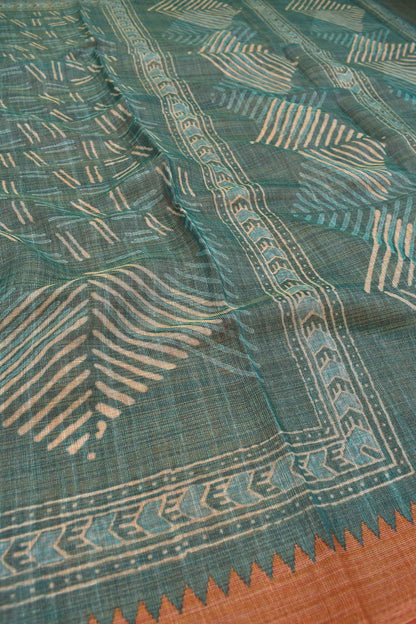 Green Semi Linen Abstract Design Digital Print Saree