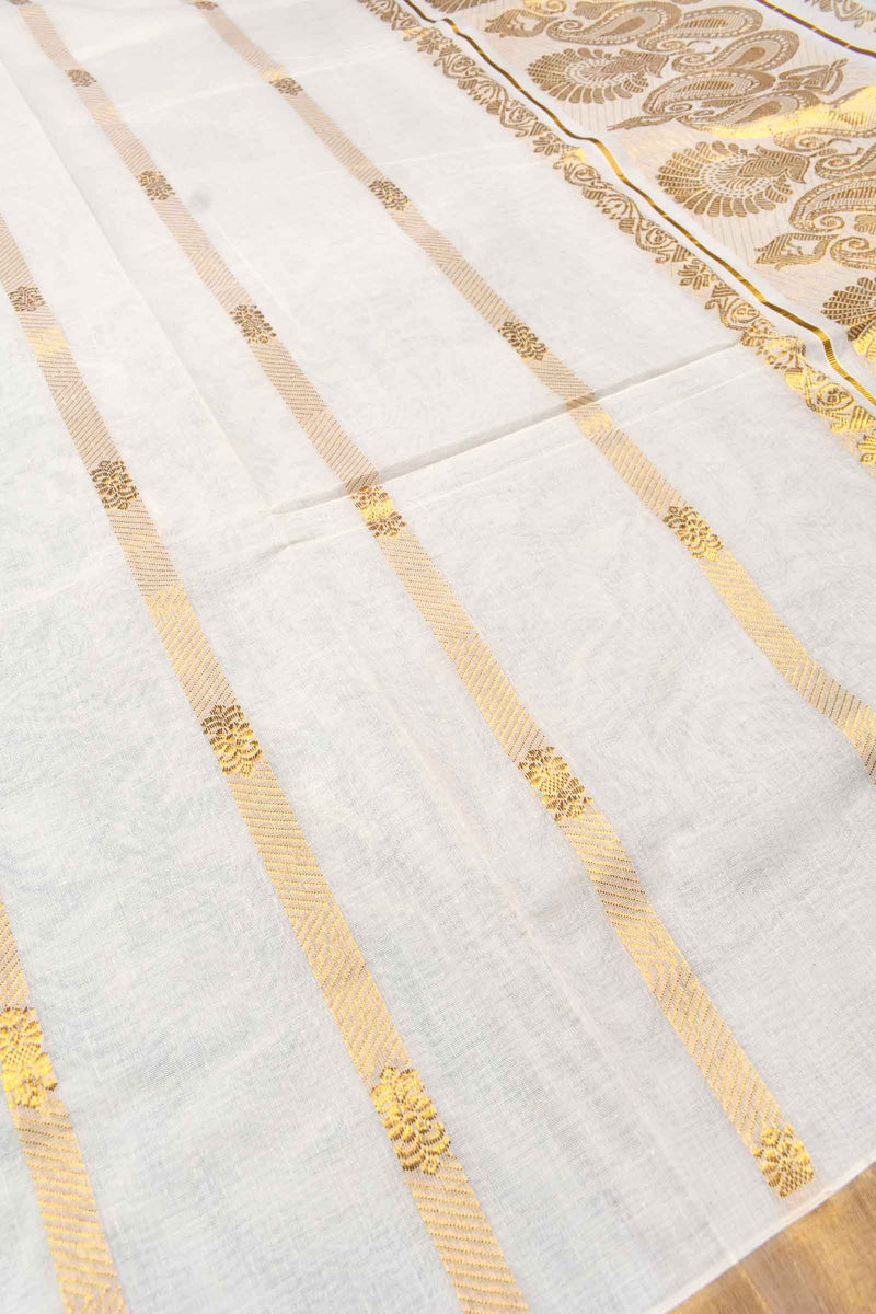 Off White Pure Kerala Cotton Vertical Lines Mango Pallu Saree