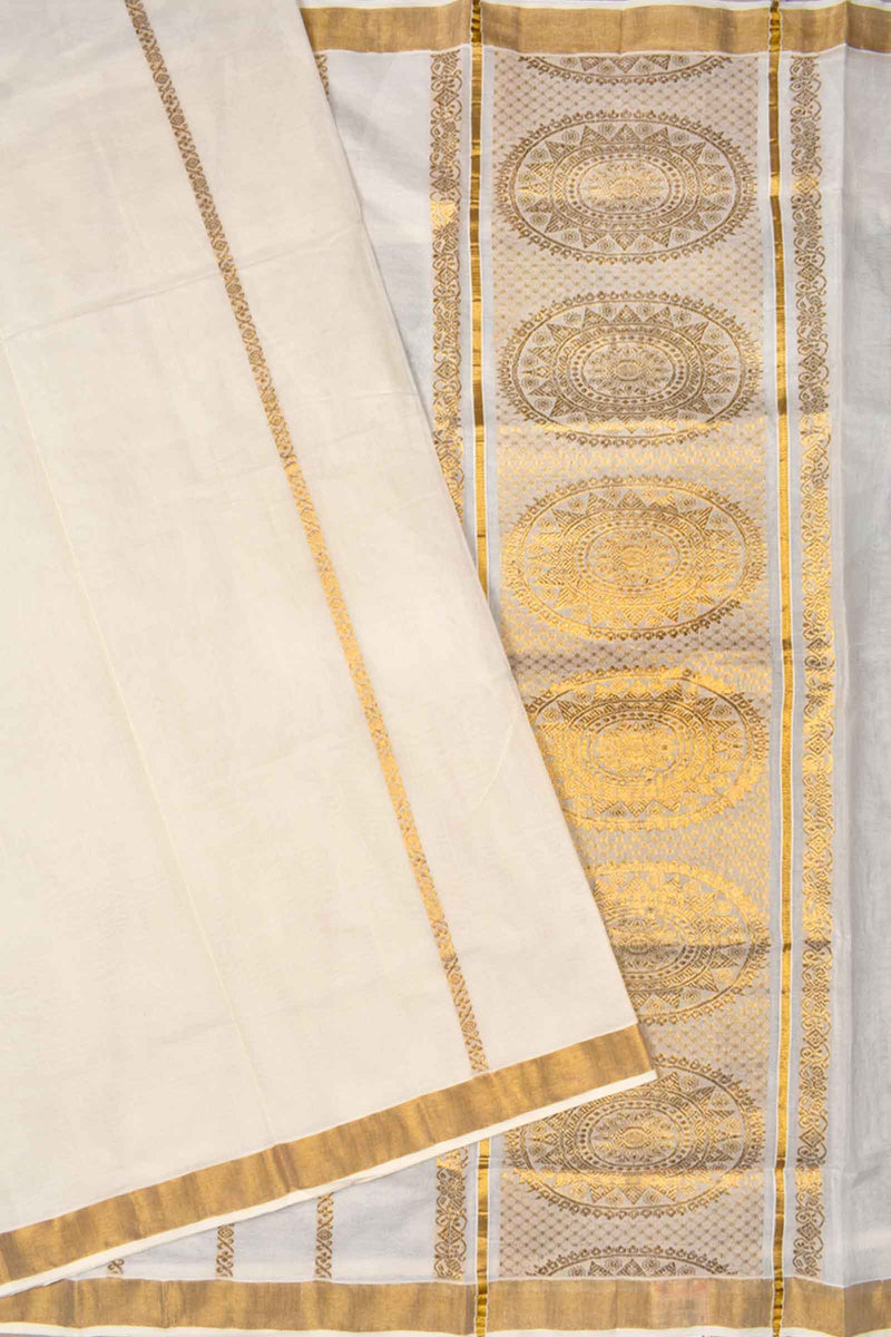 Off White Kerala Cotton Chakra Butta Pallu Saree