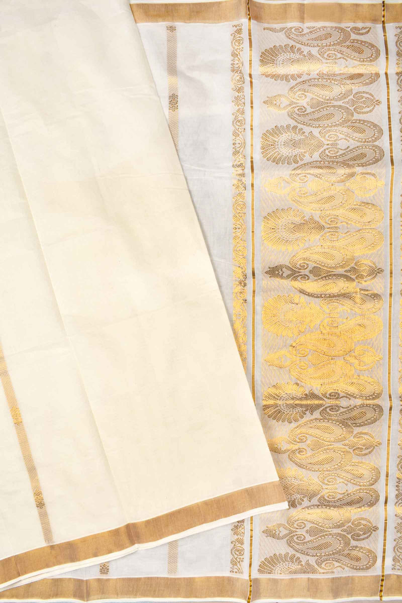 Off White Pure Kerala Cotton Vertical Lines Mango Pallu Saree