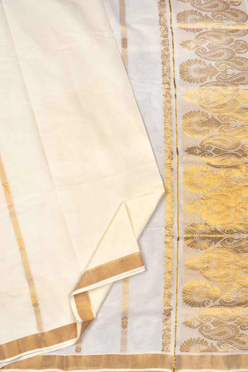 Off White Pure Kerala Cotton Vertical Lines Mango Pallu Saree