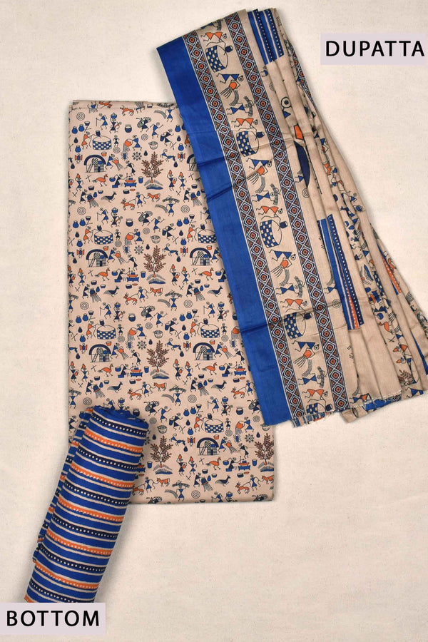 Light Brown With Blue Rayon Warli Digital Printed  Chudithar Material Suit