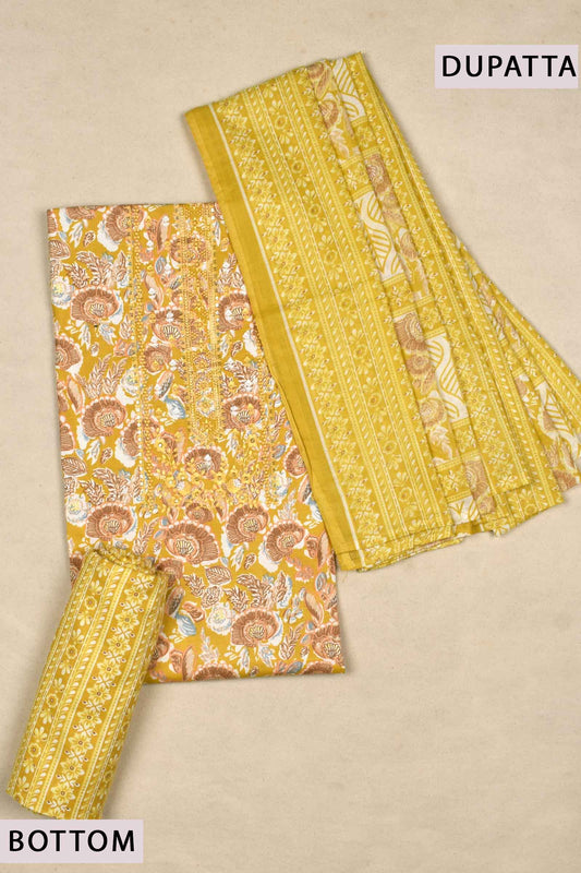 Patel Yellow Block Print Style Floral Print Chudithar Material Suit