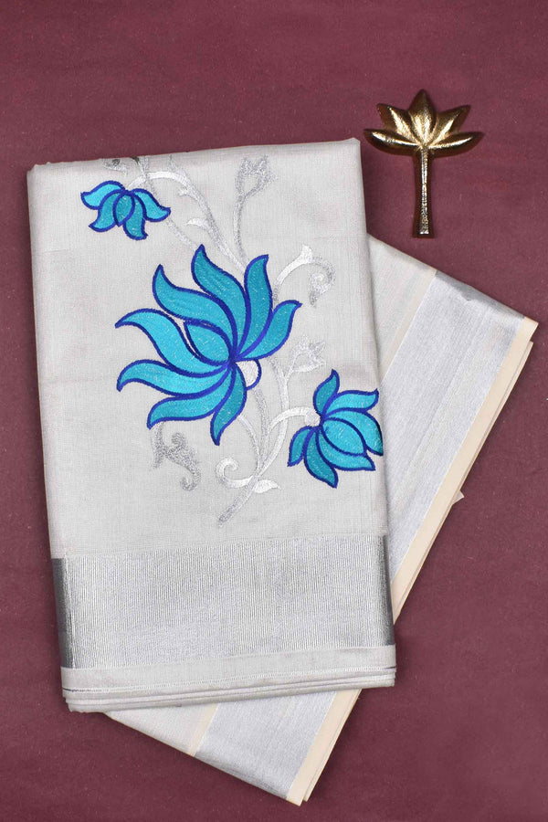 Silver Pure Kerala Cotton Blue Lotus Embroidered Designer Saree