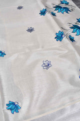 Silver Pure Kerala Cotton Blue Lotus Embroidered Designer Saree