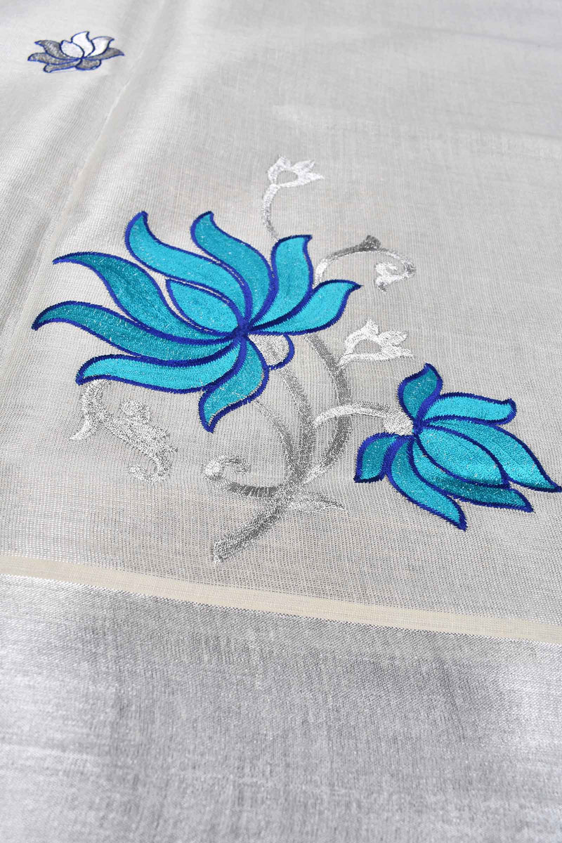 Silver Pure Kerala Cotton Blue Lotus Embroidered Designer Saree