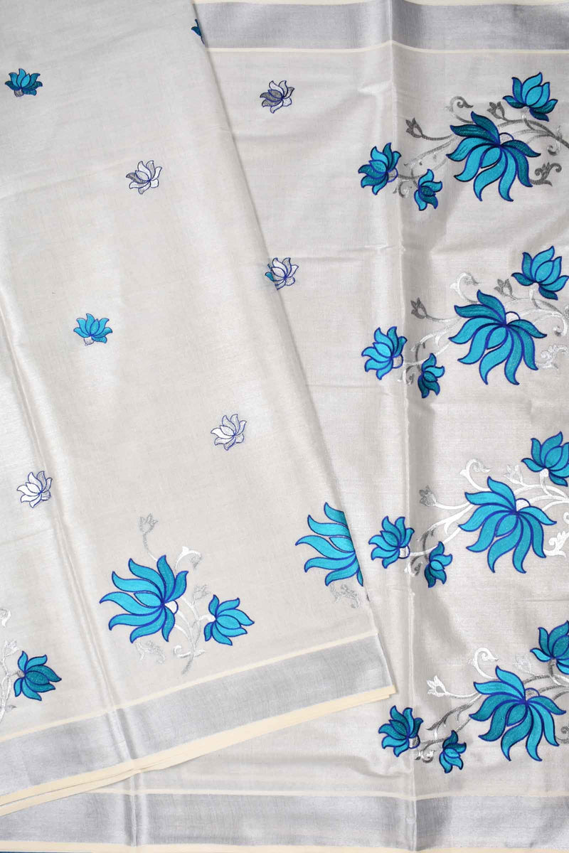 Silver Pure Kerala Cotton Blue Lotus Embroidered Designer Saree