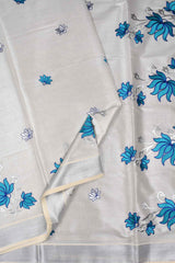 Silver Pure Kerala Cotton Blue Lotus Embroidered Designer Saree