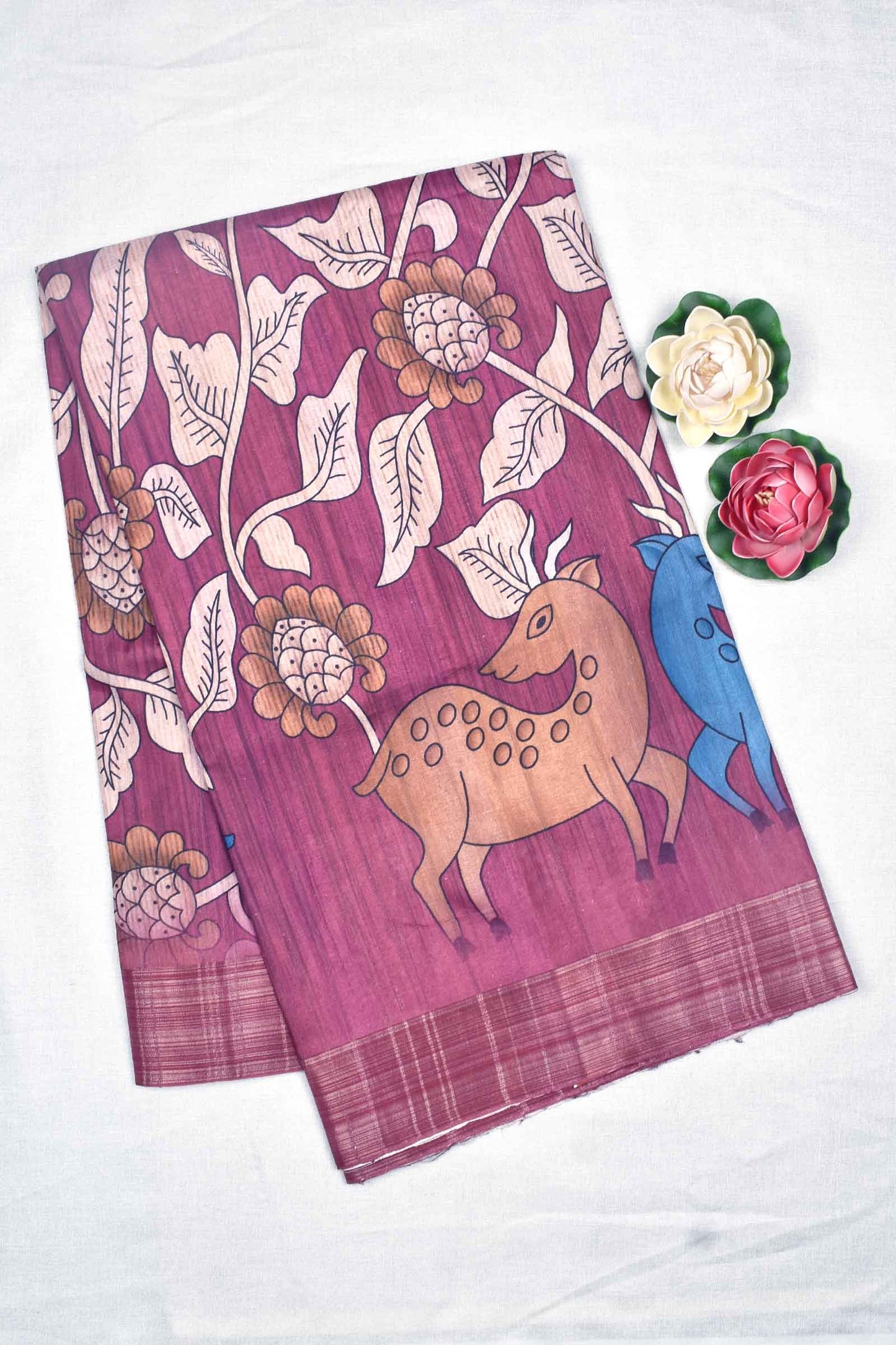 Magenta Berry Kotha Cotton Dual Deer Peacock Pallu Digital Print Saree