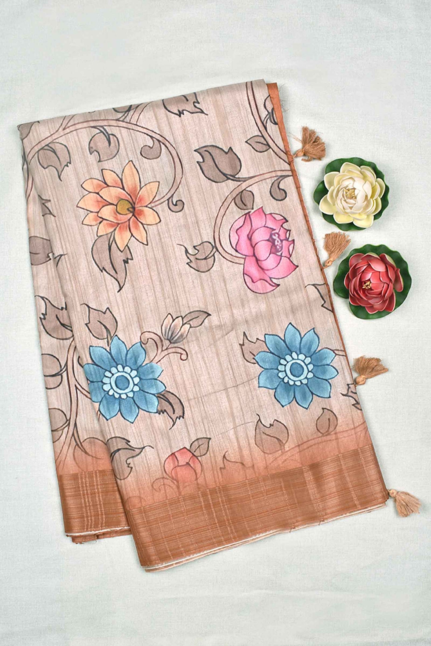 Light Brown Kotha Cotton Multicolor Flower Design Digital Print Saree