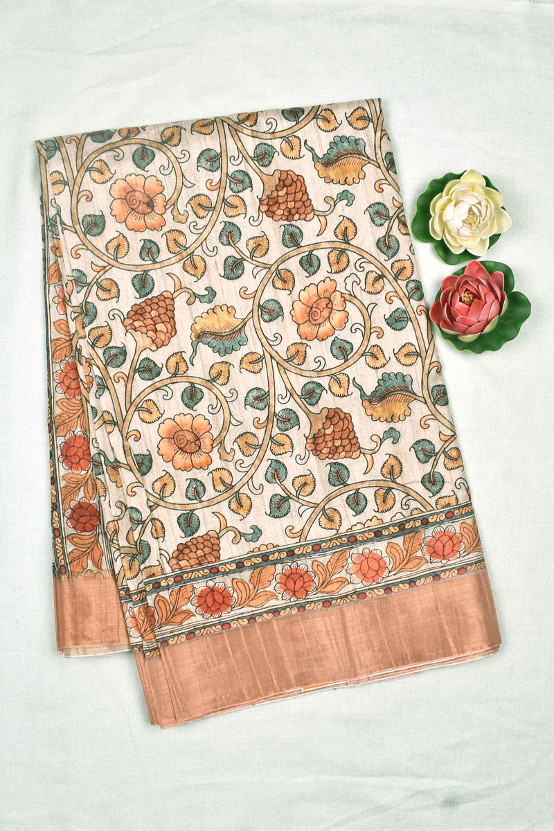 Light  Sandal Kotha Cotton All Over Kalamkari Style Floral Print Saree