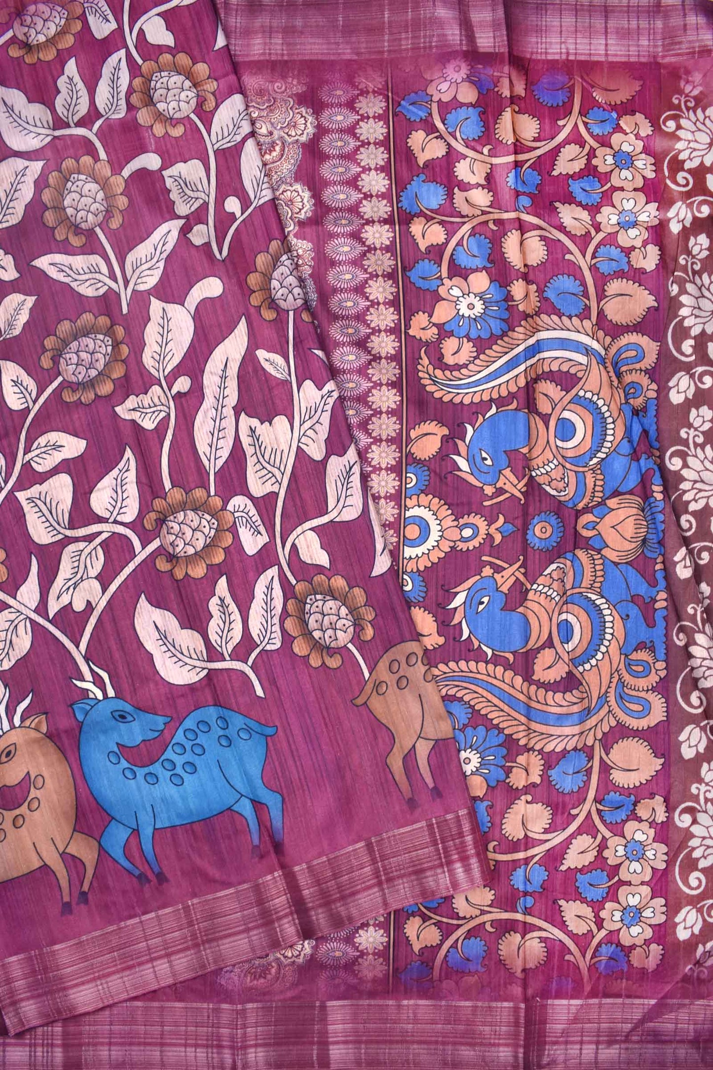 Magenta Berry Kotha Cotton Dual Deer Peacock Pallu Digital Print Saree