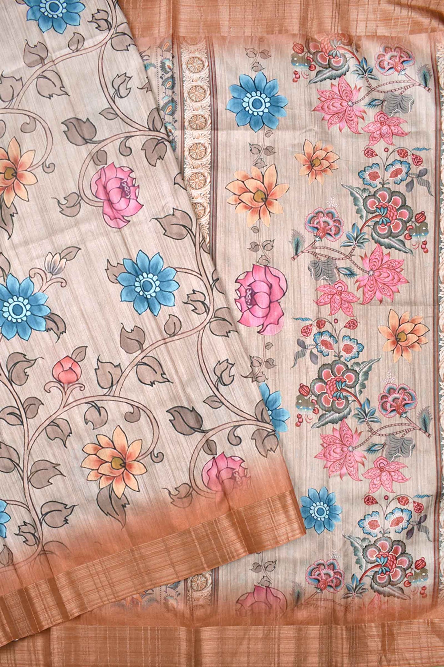 Light Brown Kotha Cotton Multicolor Flower Design Digital Print Saree