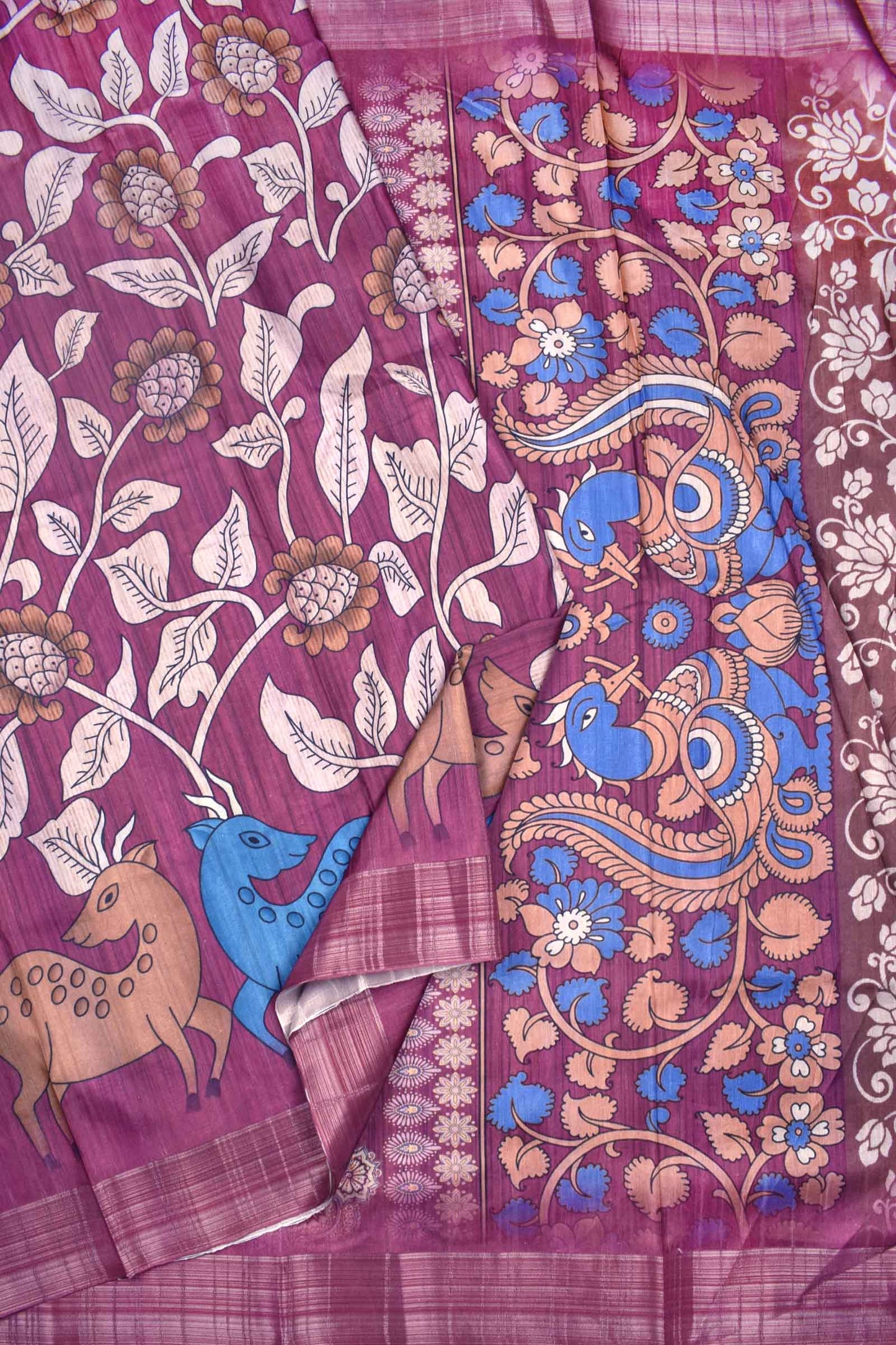 Magenta Berry Kotha Cotton Dual Deer Peacock Pallu Digital Print Saree