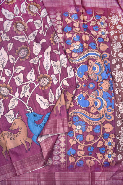 Magenta Berry Kotha Cotton Dual Deer Peacock Pallu Digital Print Saree