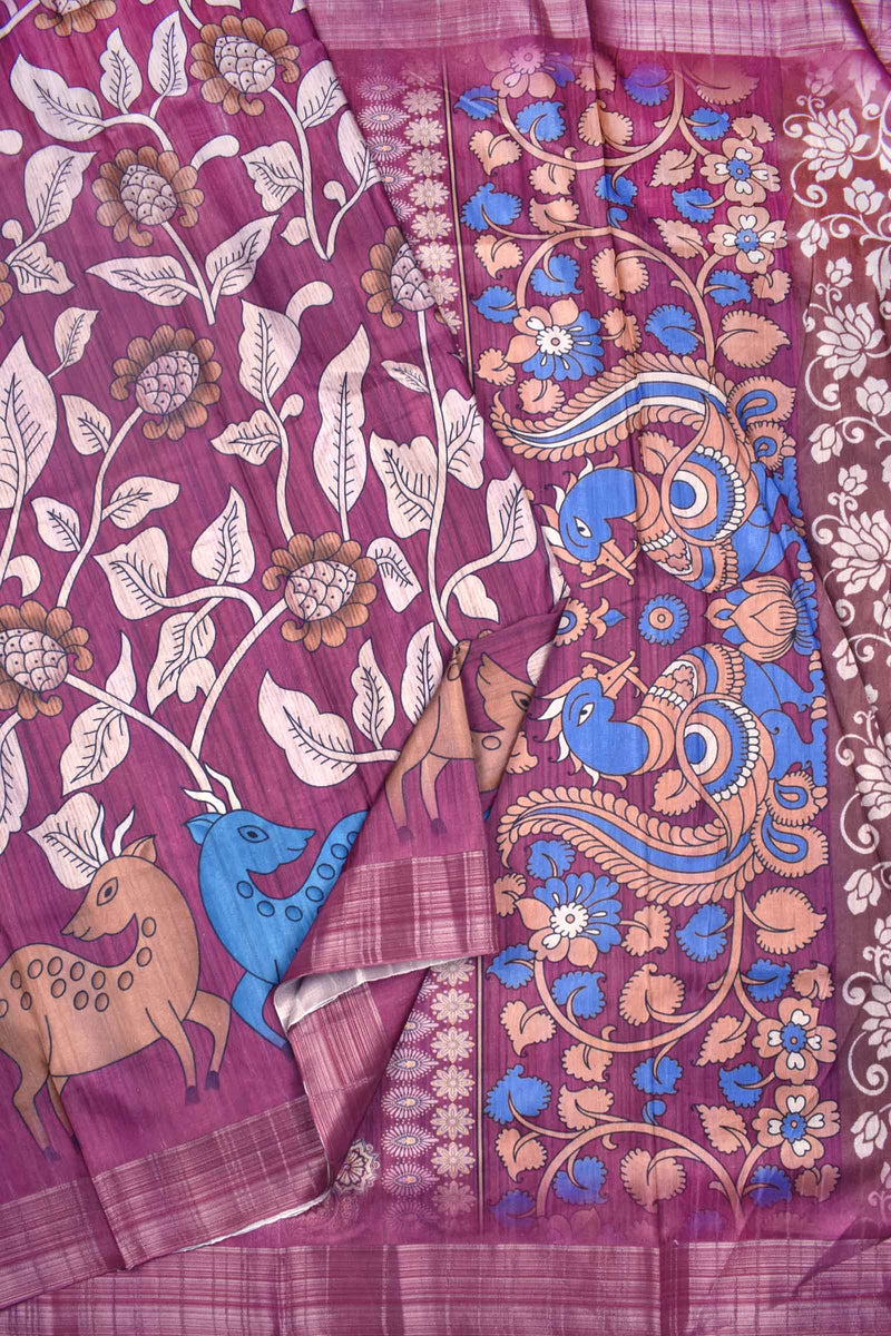 Magenta Berry Kotha Cotton Dual Deer Peacock Pallu Digital Print Saree