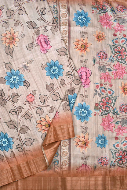 Light Brown Kotha Cotton Multicolor Flower Design Digital Print Saree