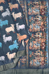 Dark Grey Kotha Cotton All Over Cow Design Ethnic Art Pallu Digital Print Saree