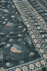 Dark Grey Semi Tussar Swan on the Lake Digital Print Saree