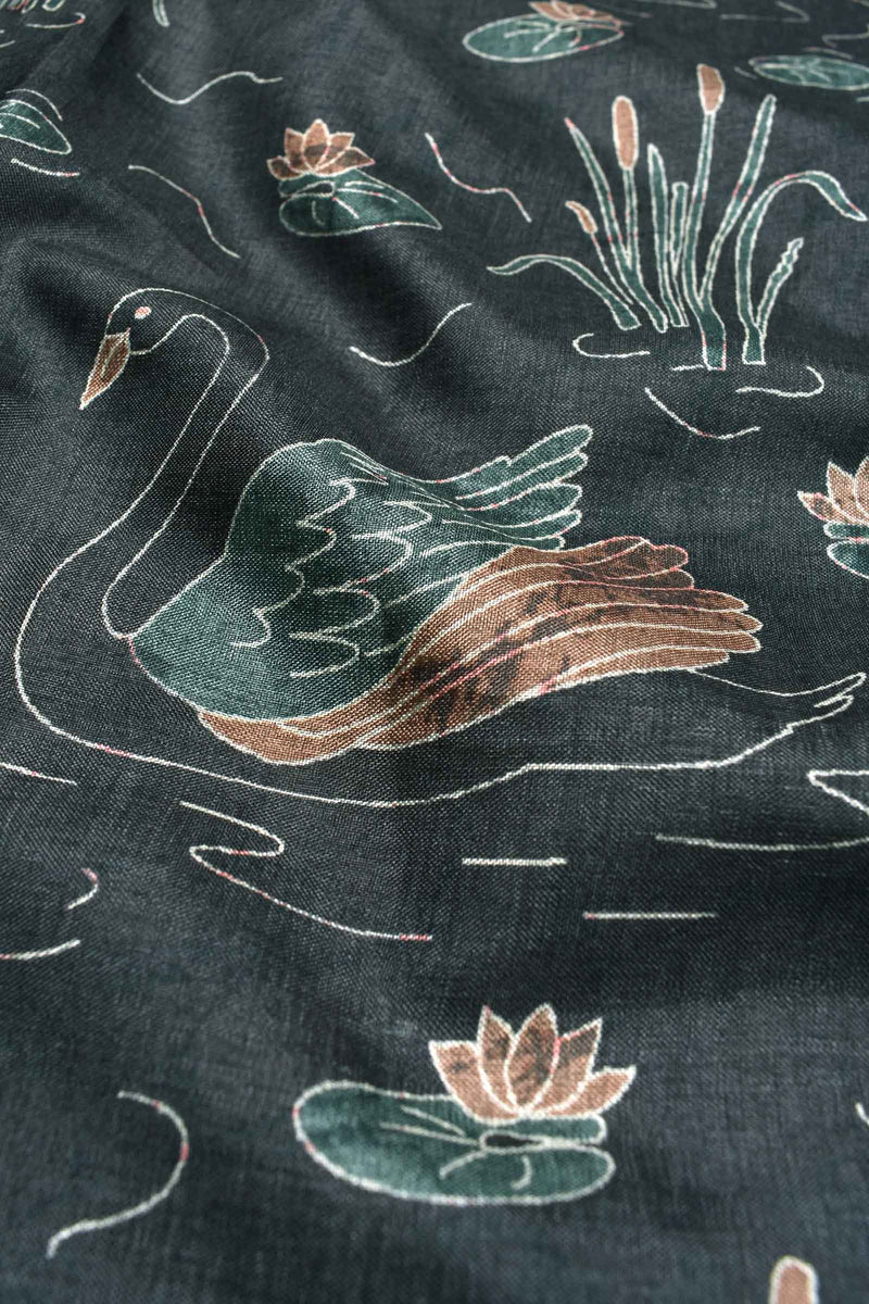 Dark Grey Semi Tussar Swan on the Lake Digital Print Saree