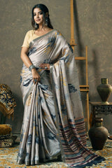 Light Grey Semi Tussar Fancy Flora Multicolor Stripes Pallu Saree