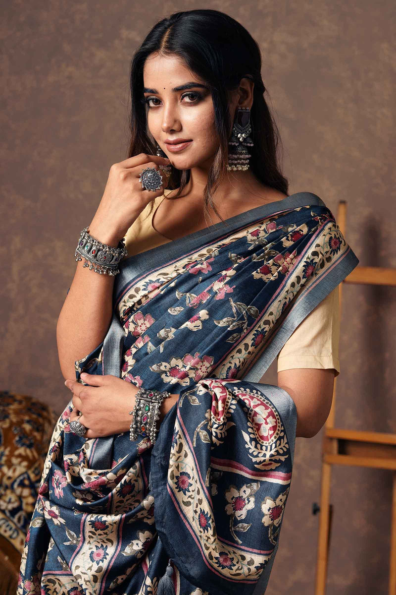 Denim Blue Semi Tussur All Over Flora Digital Print Paisely Pallu Saree