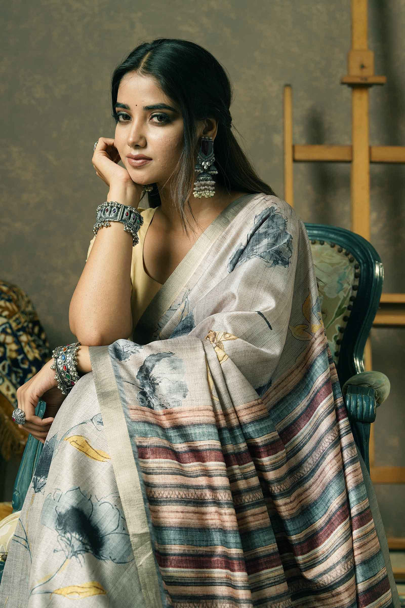 Light Grey Semi Tussar Fancy Flora Multicolor Stripes Pallu Saree