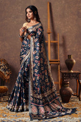 Denim Blue Semi Tussur All Over Flora Digital Print Paisely Pallu Saree