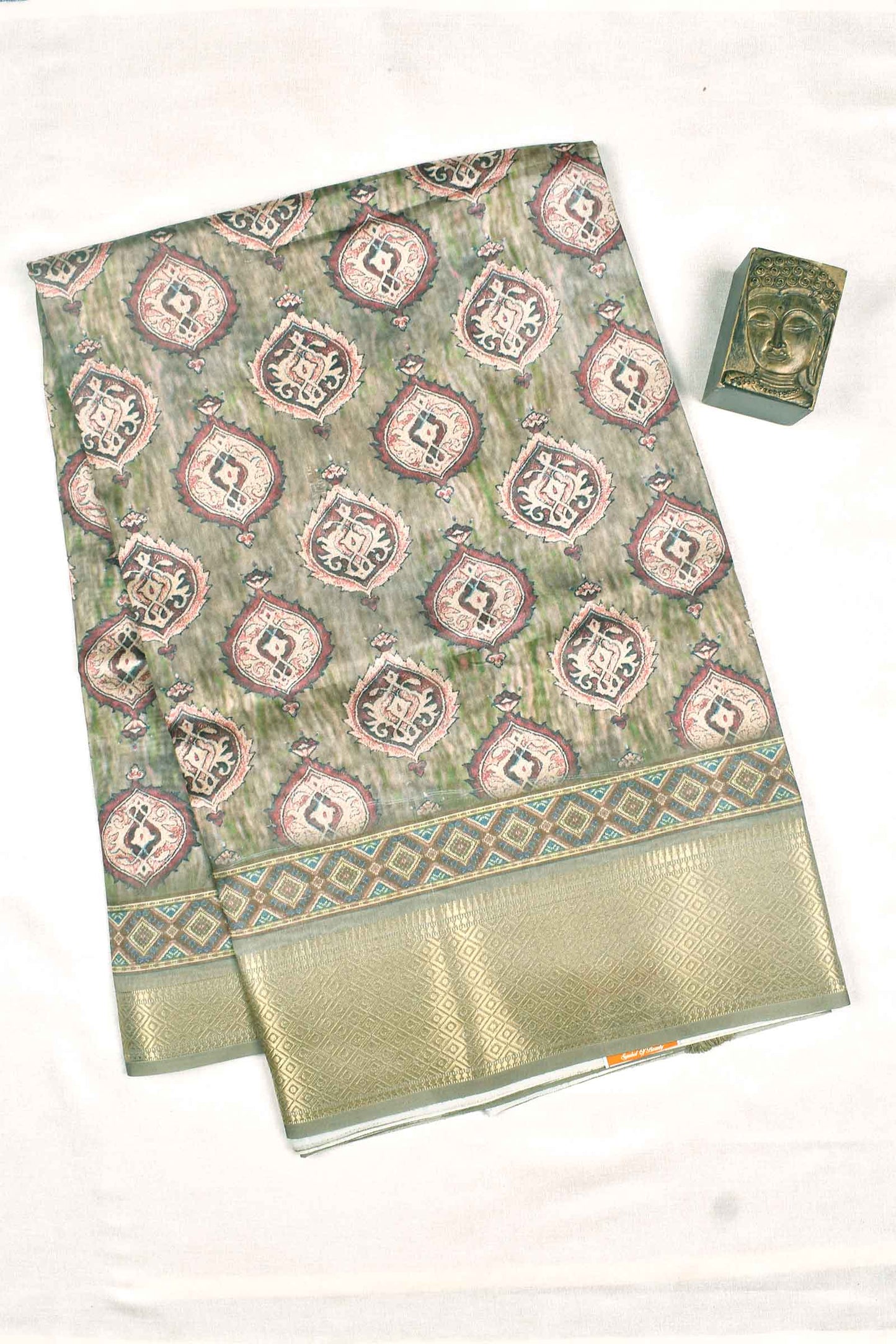 Green Soft Dola Fancy Digital Print Solid Border Printed Blouse Saree