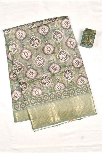 Green Soft Dola Fancy Digital Print Solid Border Printed Blouse Saree