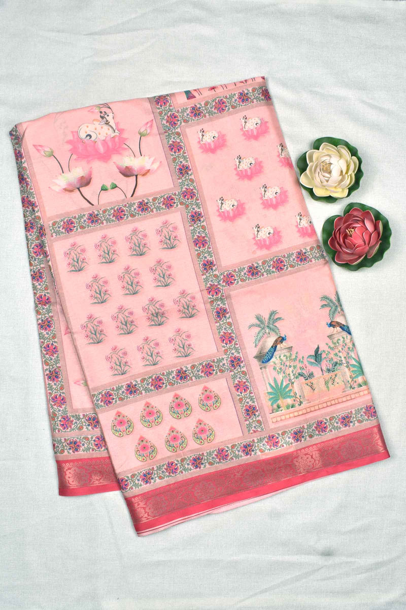 Light Pink Kotha Cotton Pichwai Frames Digital Print Soft Saree