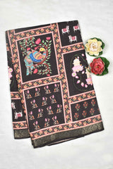 Black With Pink Semi Tussar Mystical Garden Peacock Pallu Saree