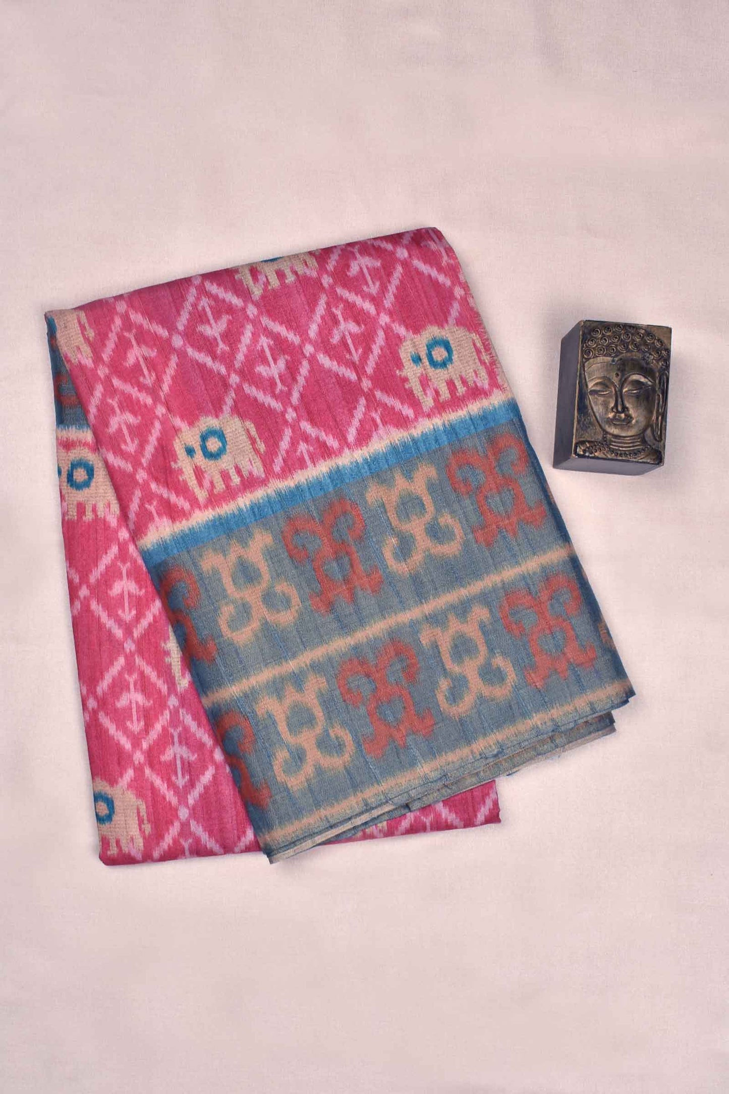 Pink With Blue Kotha Cotton Ikat Style Elephant Print Contrast Pallu Saree