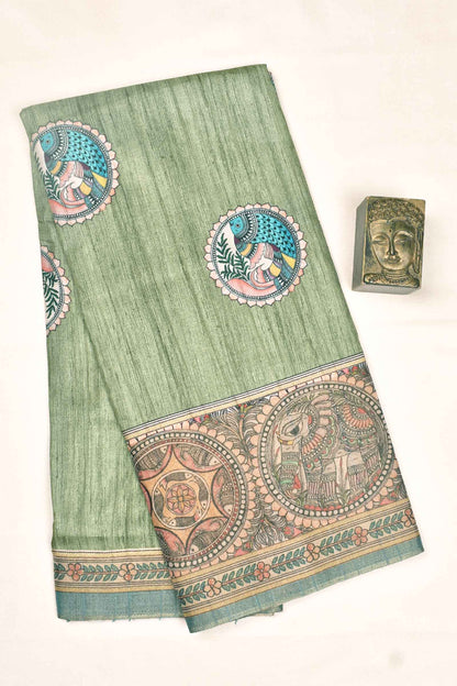 Green Kotha Cotton Fish Design Peacock Pallu Digital Print Saree