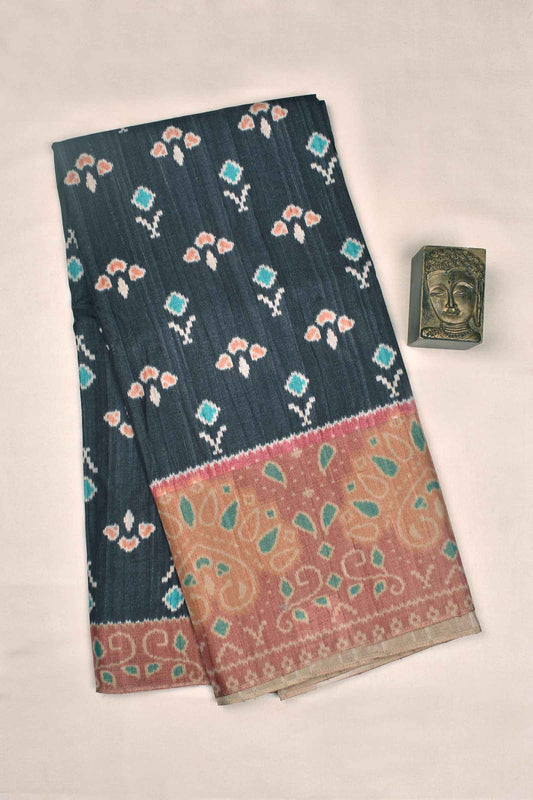 Dark Grey With Pink Kotha Cotton Floral Print Contrast Pallu Saree