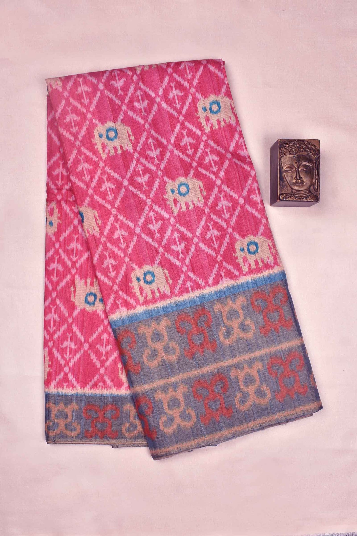 Pink With Blue Kotha Cotton Ikat Style Elephant Print Contrast Pallu Saree