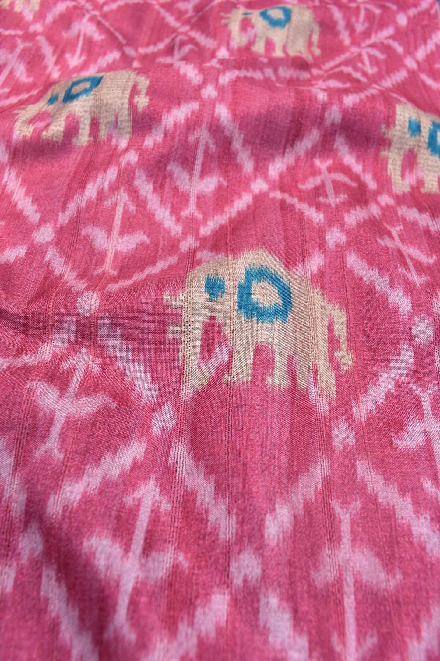 Pink With Blue Kotha Cotton Ikat Style Elephant Print Contrast Pallu Saree