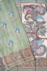 Green Kotha Cotton Fish Design Peacock Pallu Digital Print Saree