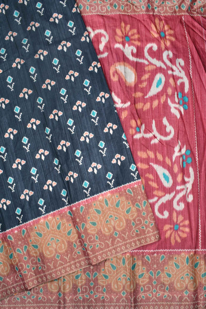 Dark Grey With Pink Kotha Cotton Floral Print Contrast Pallu Saree