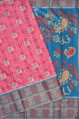 Pink With Blue Kotha Cotton Ikat Style Elephant Print Contrast Pallu Saree