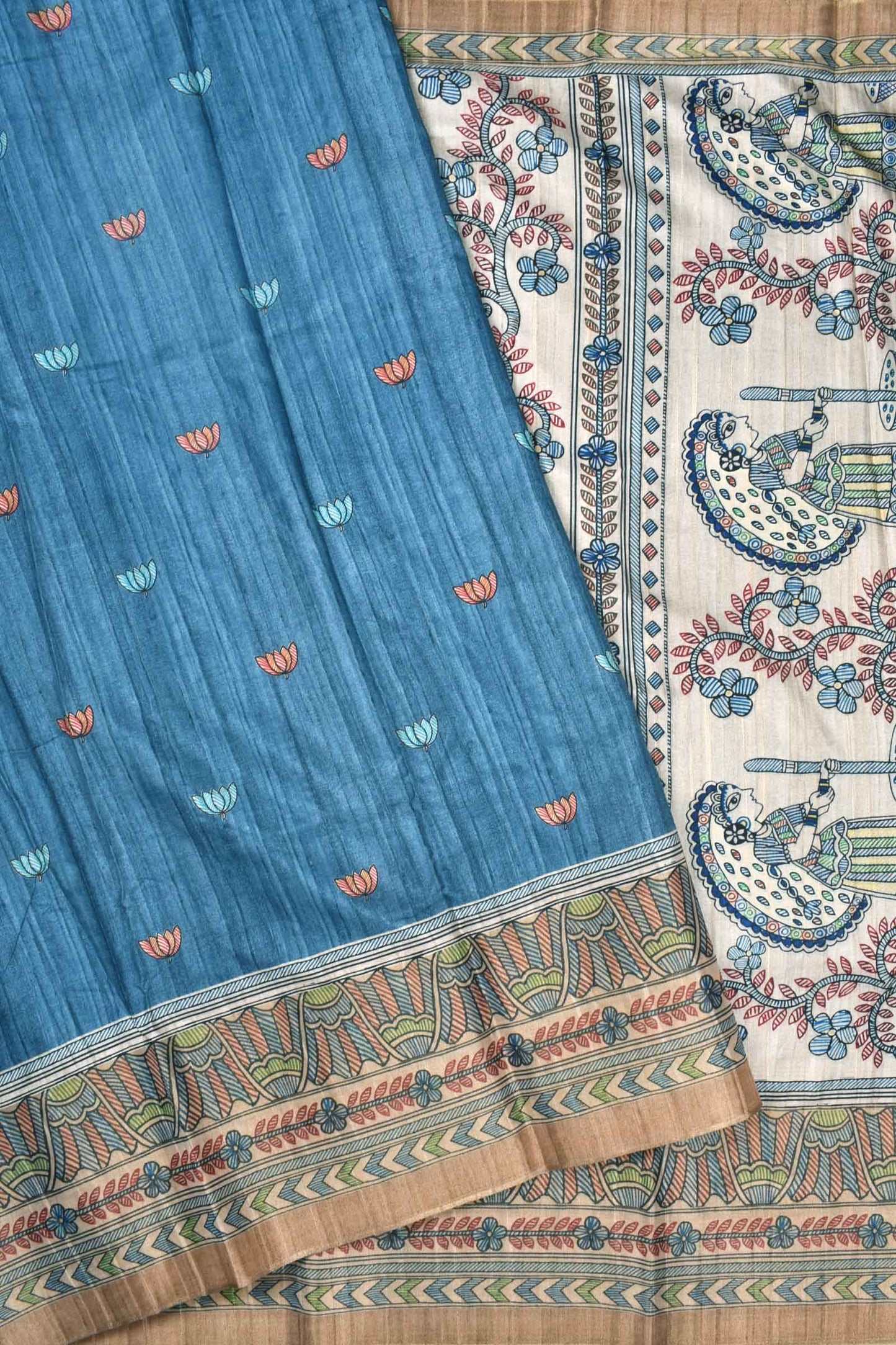 Blue Kotha Cotton Mini Lotus Print Ethnic Art Pallu Saree