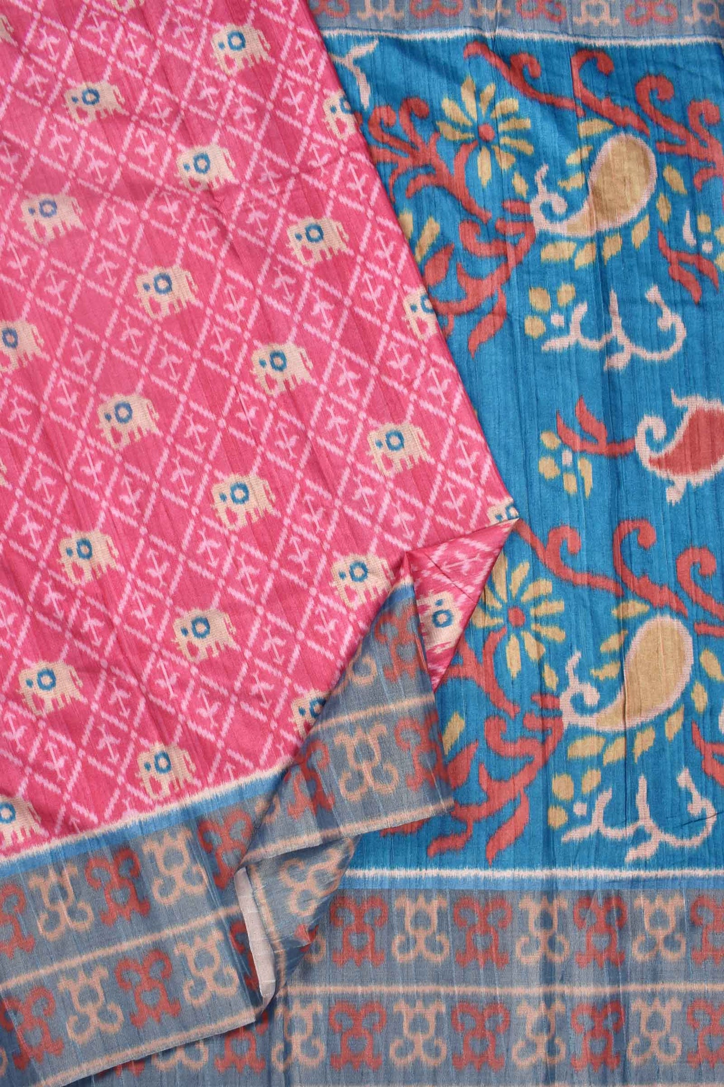 Pink With Blue Kotha Cotton Ikat Style Elephant Print Contrast Pallu Saree